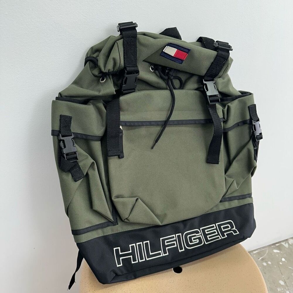 Tommy Hilfiger Unisex Vintage Y2K 90s Army Olive Green Hiking Backpack - Picture 3 of 10